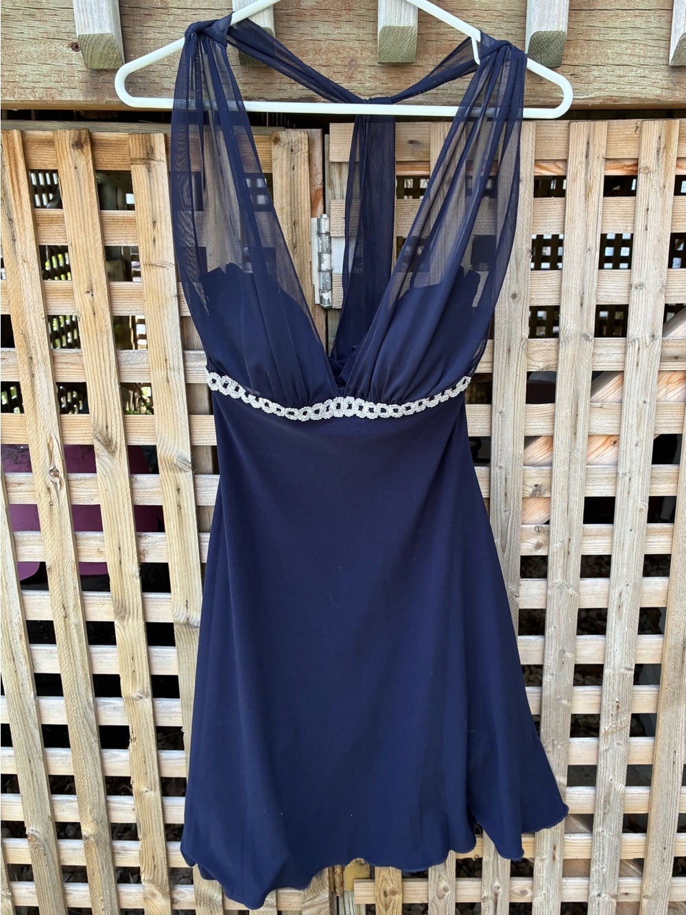 Teeze Me Navy Blue Halter Midi Dress with Sheer Bodice and Accent Waist